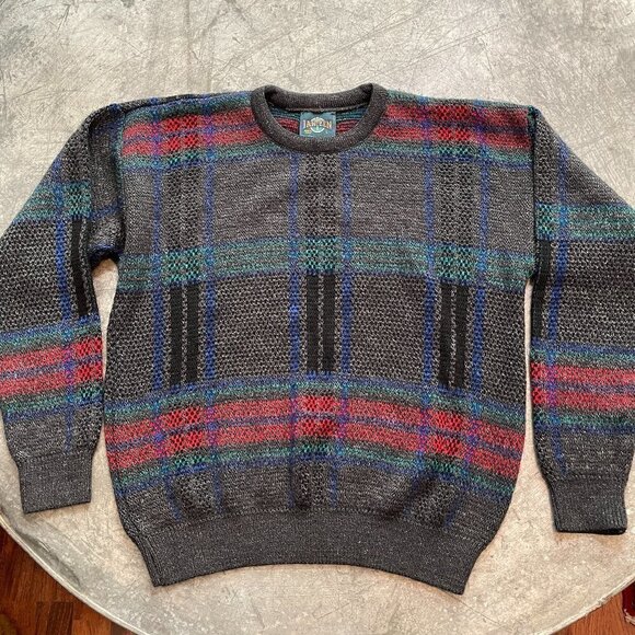 Vintage 80s 90s Dad Grandpa Crewneck Sweater Jantzen USA Gray Plaid Mens Large - Picture 1 of 10